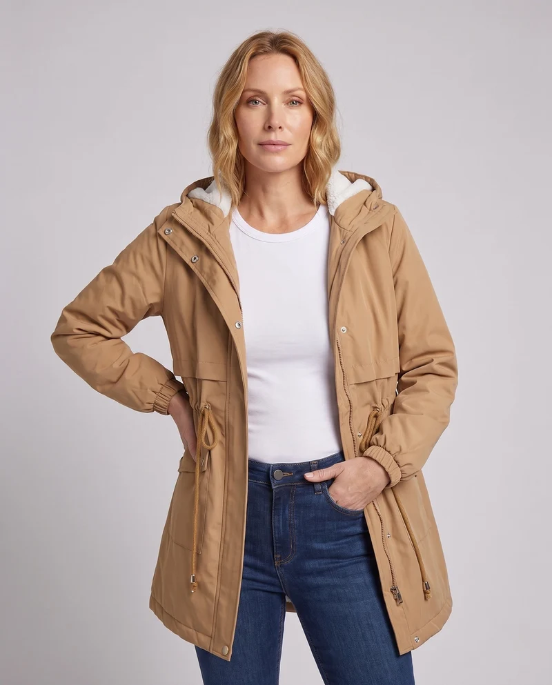 Damen Wind- und Übergangsparka mit Teddykapuze und verstellbarem Taillenzug