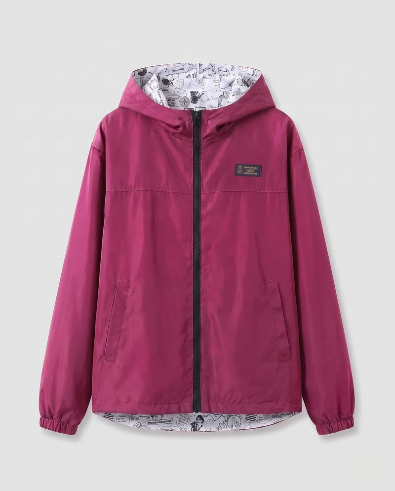 Unisex leichter Kapuzenwindbreaker mit bedrucktem Futter und Kordelzug