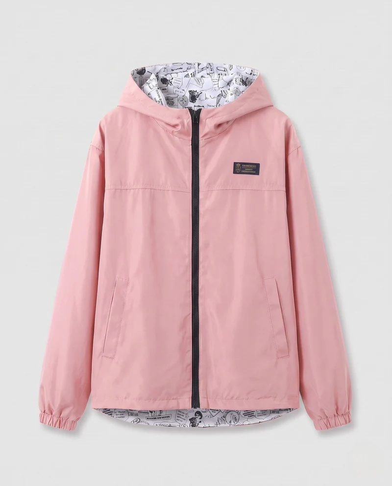 Unisex leichter Kapuzenwindbreaker mit bedrucktem Futter und Kordelzug