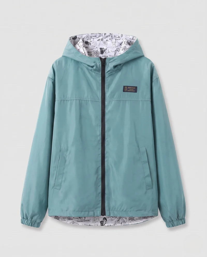 Unisex leichter Kapuzenwindbreaker mit bedrucktem Futter und Kordelzug