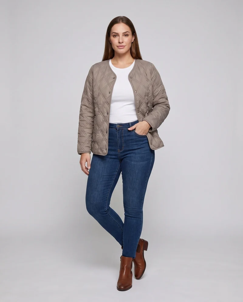 Damen gesteppte Jacke mit Teddy-Futter und Druckknopfverschluss
