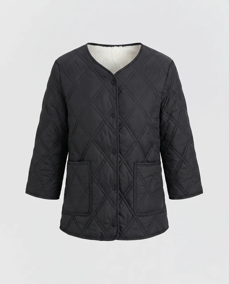 Damen gesteppte Jacke mit Teddy-Futter und Druckknopfverschluss