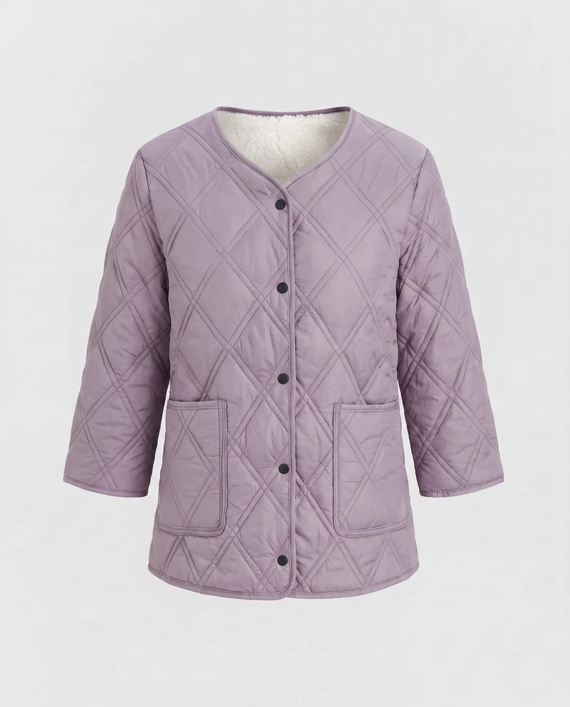 Damen gesteppte Jacke mit Teddy-Futter und Druckknopfverschluss