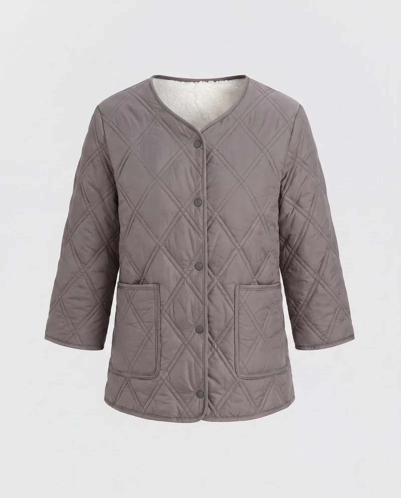 Damen gesteppte Jacke mit Teddy-Futter und Druckknopfverschluss