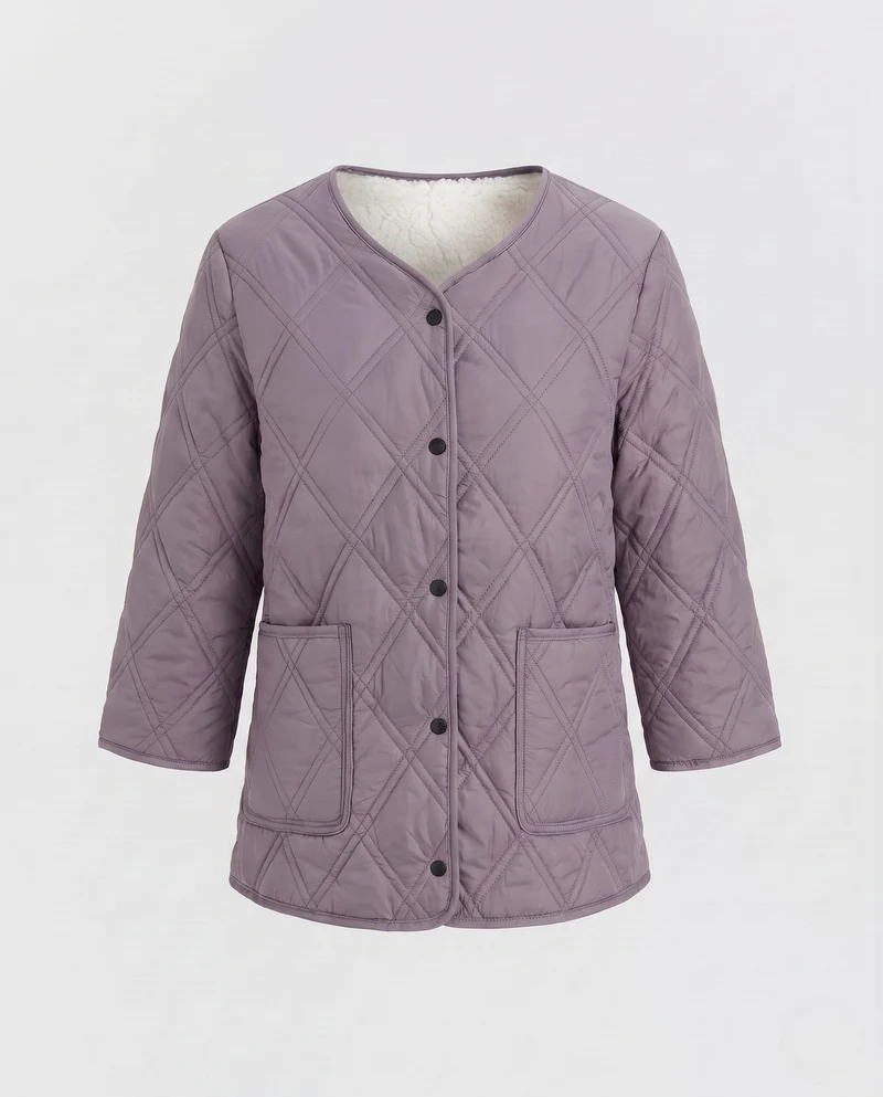 Damen gesteppte Jacke mit Teddy-Futter und Druckknopfverschluss