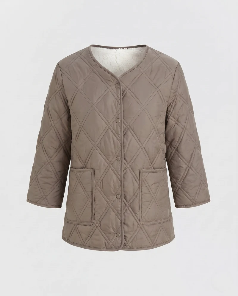 Damen gesteppte Jacke mit Teddy-Futter und Druckknopfverschluss