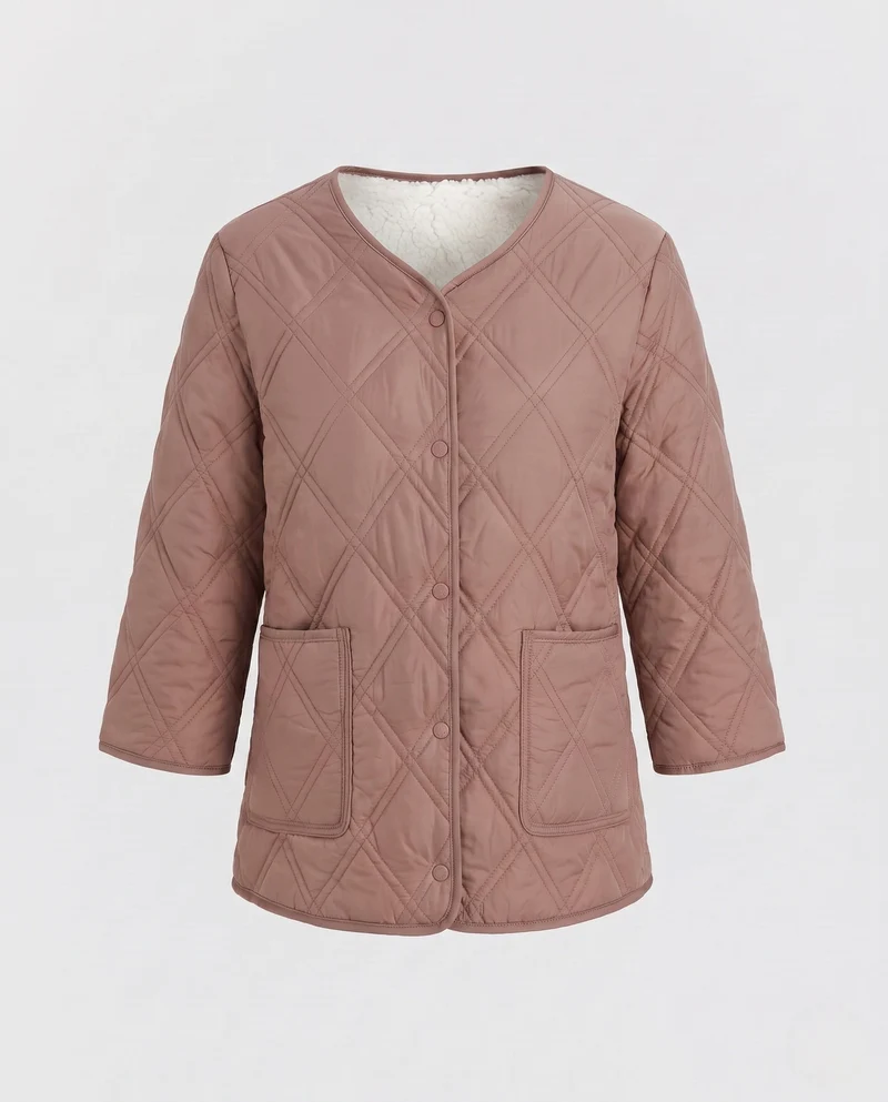 Damen gesteppte Jacke mit Teddy-Futter und Druckknopfverschluss