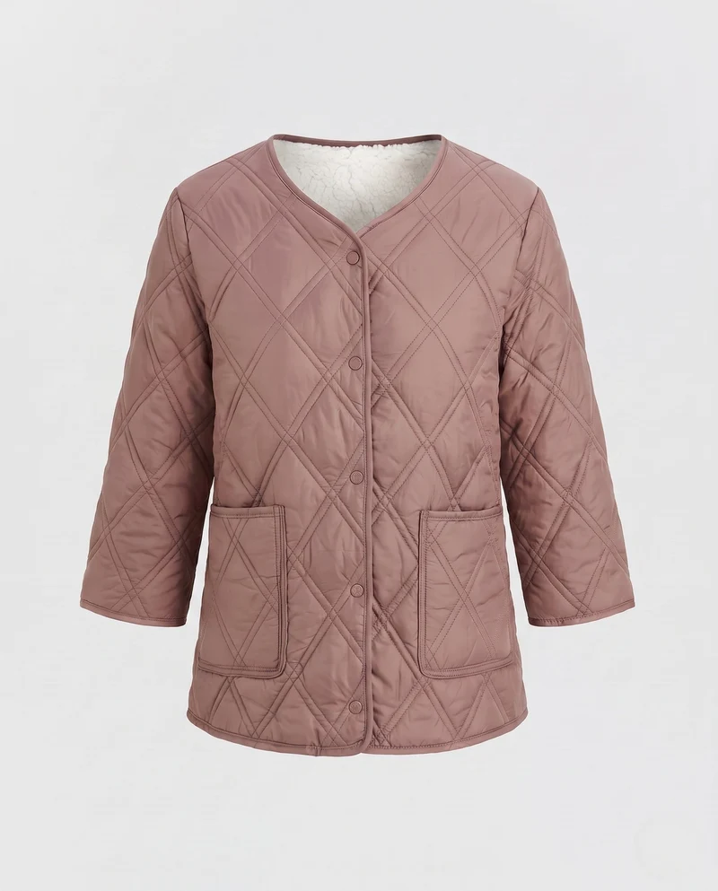 Damen gesteppte Jacke mit Teddy-Futter und Druckknopfverschluss