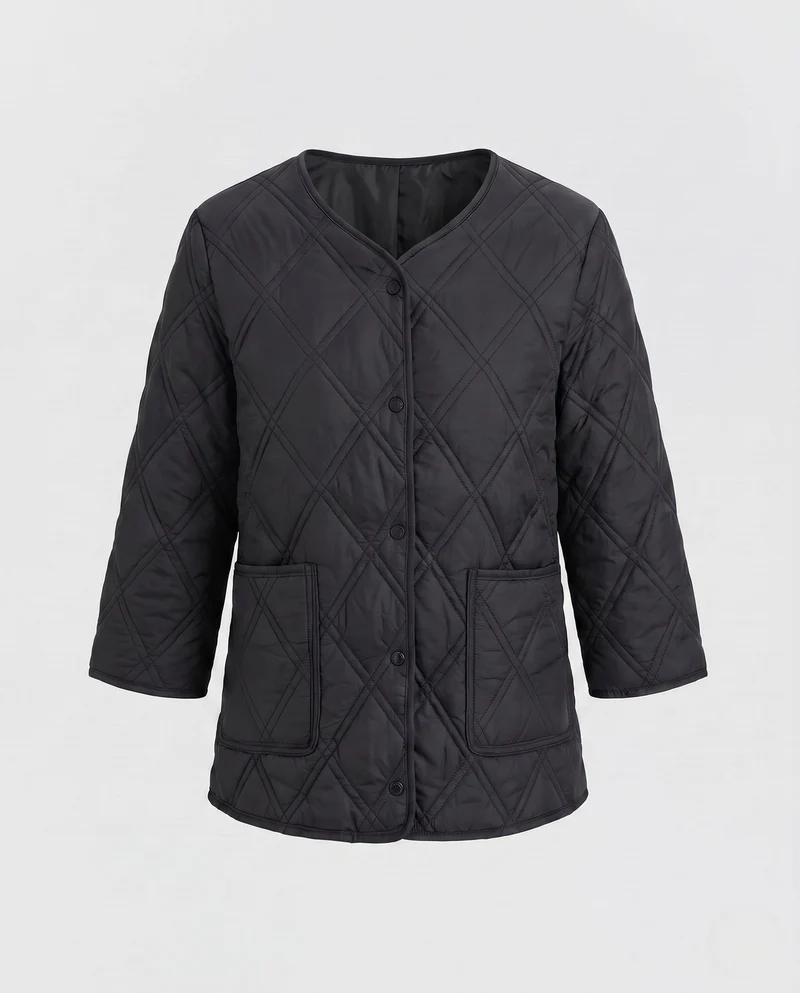 Damen gesteppte Jacke mit Teddy-Futter und Druckknopfverschluss
