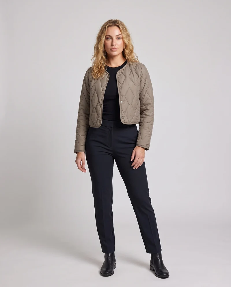 Damen leichte gesteppte Kurzjacke mit Diamantsteppung und rundem Halsausschnitt
