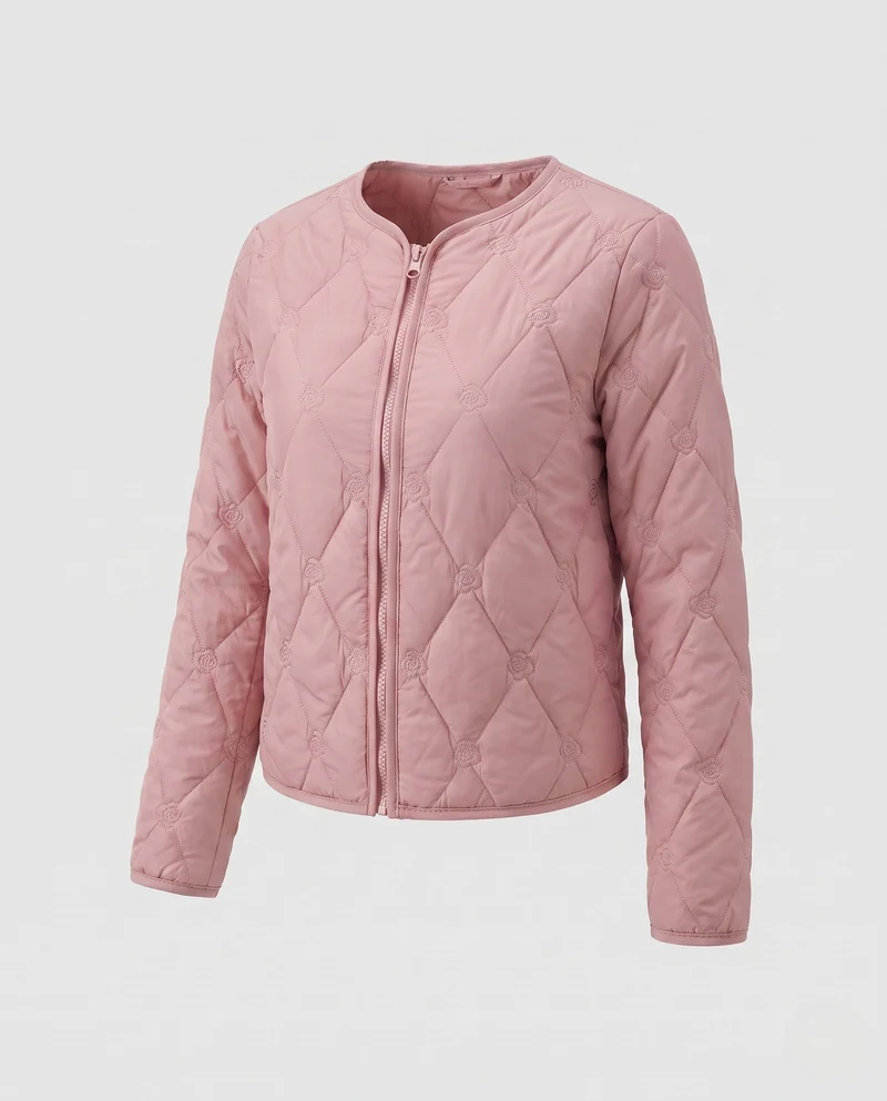 Damen leichte gesteppte Kurzjacke mit Diamantsteppung und rundem Halsausschnitt