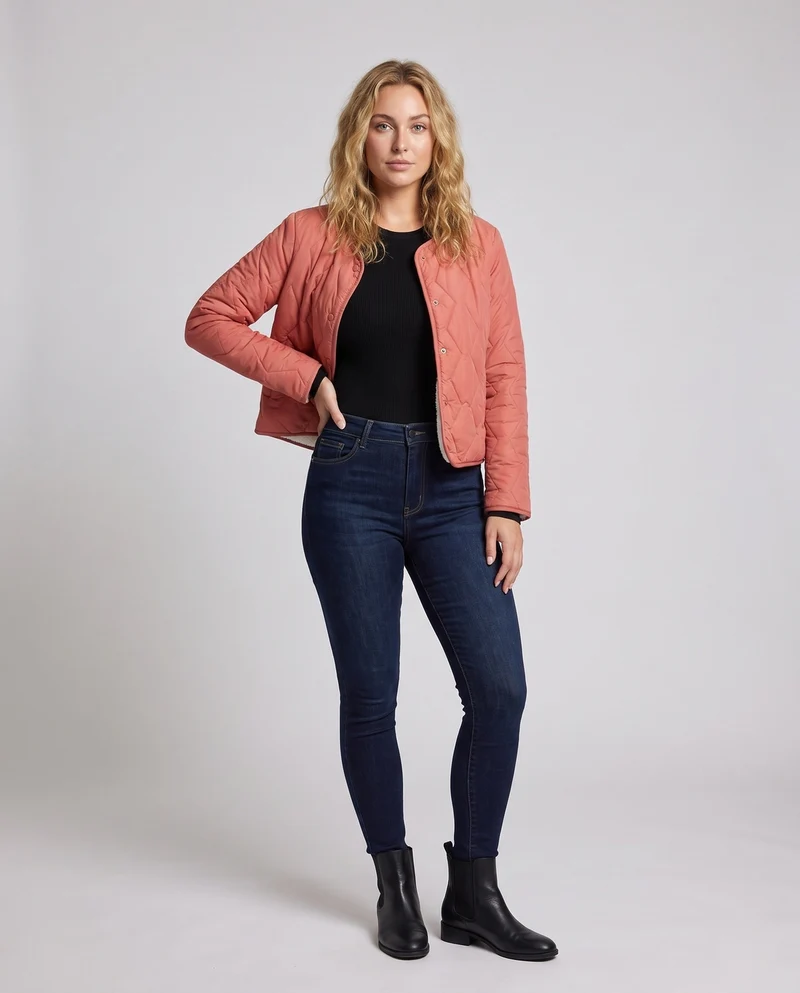 Damen Leichte Steppjacke mit Teddyfutter und Druckknopfverschluss