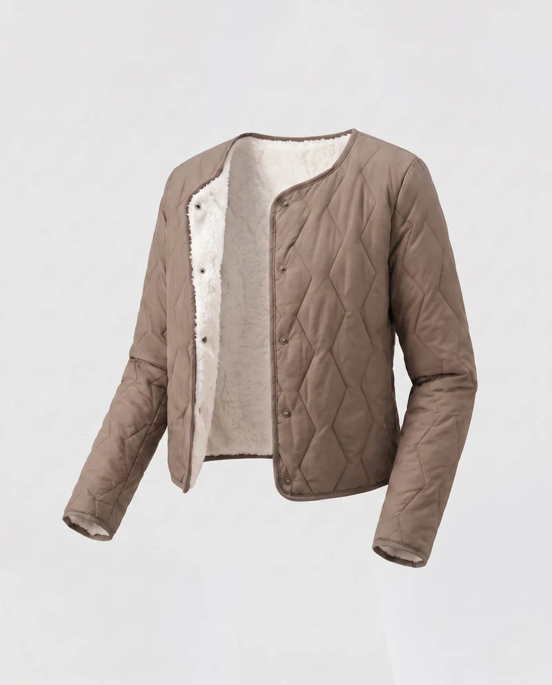 Damen Leichte Steppjacke mit Teddyfutter und Druckknopfverschluss
