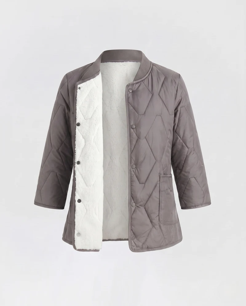Damen Taillierte Gepolsterte Jacke mit Teddy-Futter und Druckknöpfen