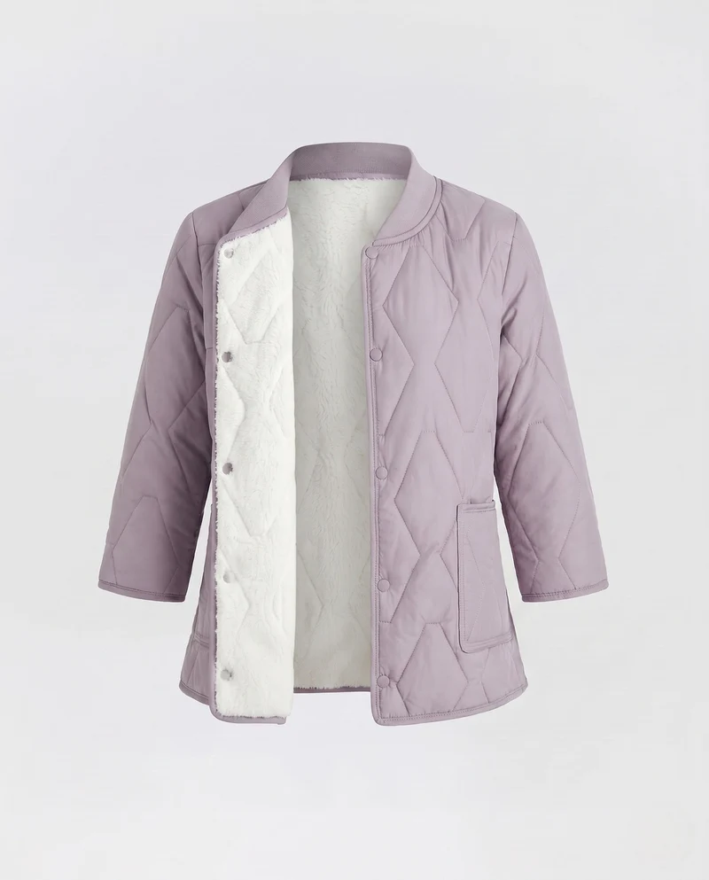 Damen Taillierte Gepolsterte Jacke mit Teddy-Futter und Druckknöpfen
