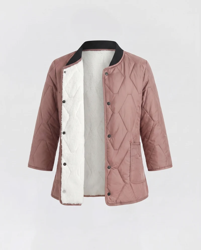 Damen Taillierte Gepolsterte Jacke mit Teddy-Futter und Druckknöpfen