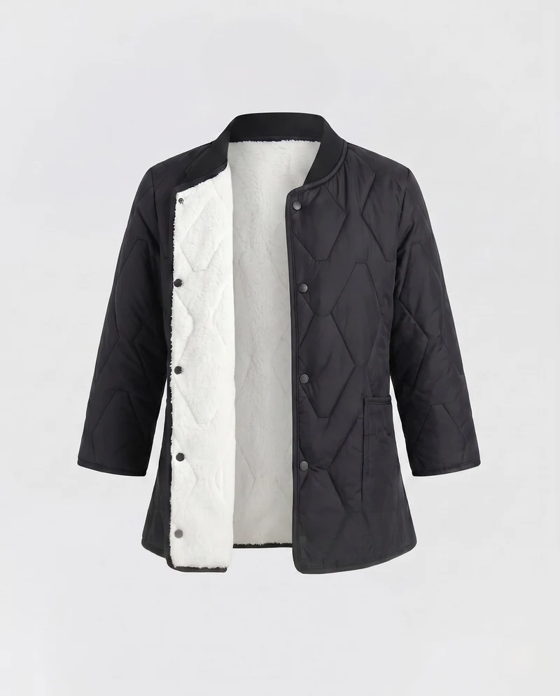 Damen Taillierte Gepolsterte Jacke mit Teddy-Futter und Druckknöpfen