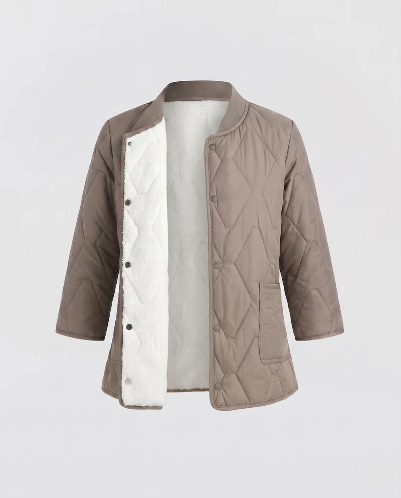 Damen Taillierte Gepolsterte Jacke mit Teddy-Futter und Druckknöpfen