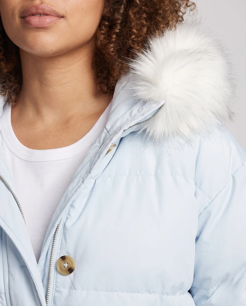 Damen kurze gepolsterte Stadtpufferjacke mit voluminösem Kunstfellkapuze und Taschen für die Ärmel