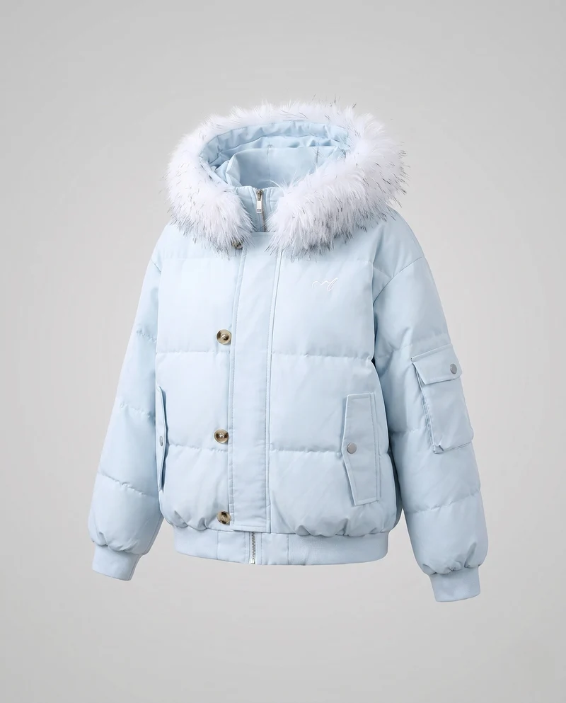 Damen kurze gepolsterte Stadtpufferjacke mit voluminösem Kunstfellkapuze und Taschen für die Ärmel