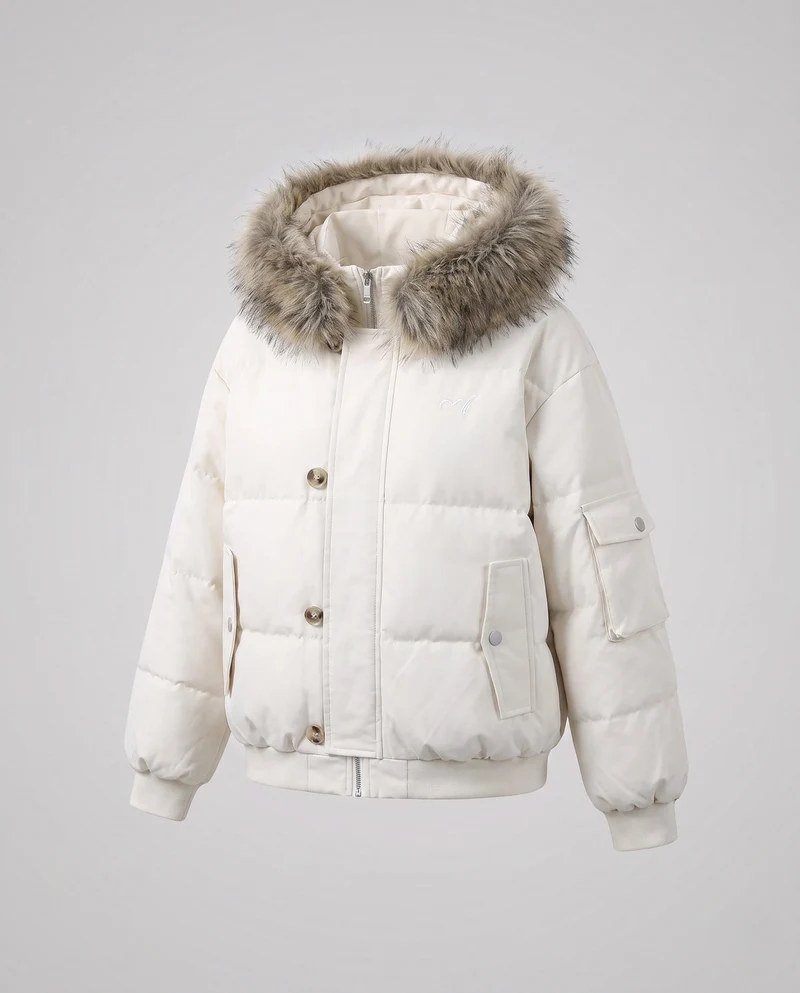 Damen kurze gepolsterte Stadtpufferjacke mit voluminösem Kunstfellkapuze und Taschen für die Ärmel
