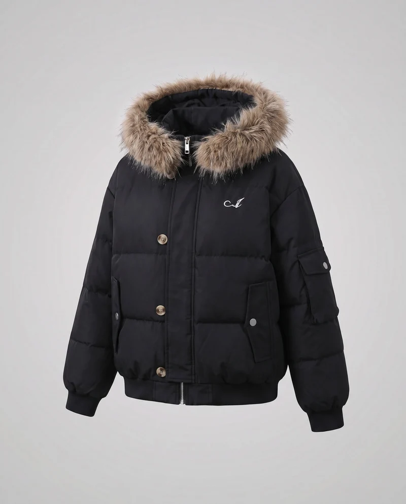 Damen kurze gepolsterte Stadtpufferjacke mit voluminösem Kunstfellkapuze und Taschen für die Ärmel