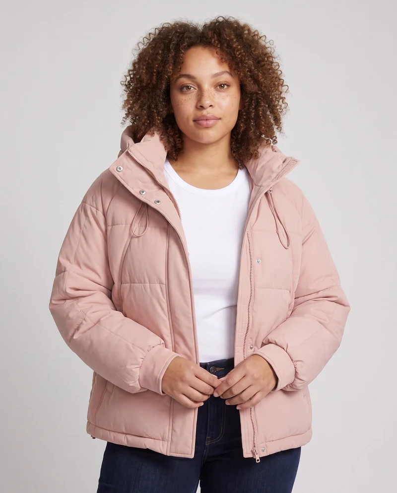 Damen kurze gepolsterte Kapuzenjacke mit Kordelzug, verdecktem Reißverschluss und elastischen Bündchen