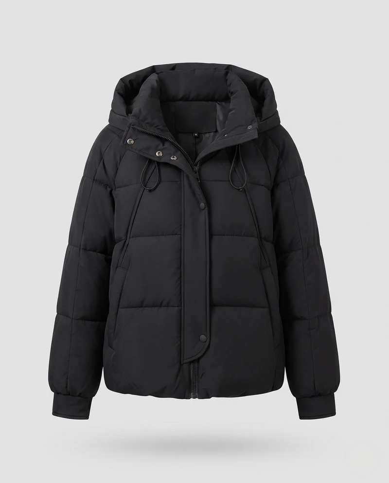 Damen kurze gepolsterte Kapuzenjacke mit Kordelzug, verdecktem Reißverschluss und elastischen Bündchen