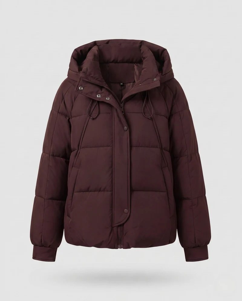 Damen kurze gepolsterte Kapuzenjacke mit Kordelzug, verdecktem Reißverschluss und elastischen Bündchen