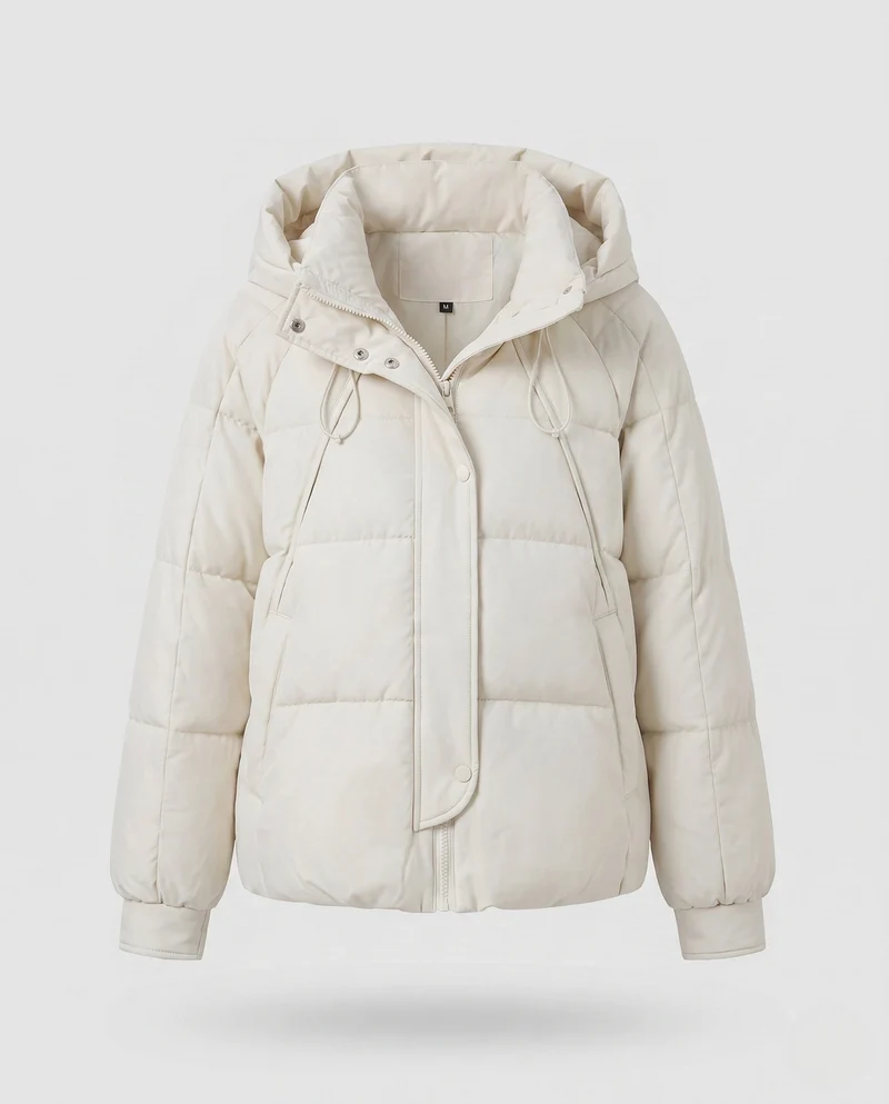 Damen kurze gepolsterte Kapuzenjacke mit Kordelzug, verdecktem Reißverschluss und elastischen Bündchen