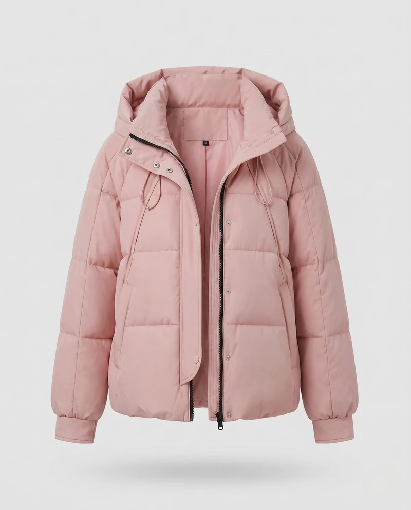 Damen kurze gepolsterte Kapuzenjacke mit Kordelzug, verdecktem Reißverschluss und elastischen Bündchen