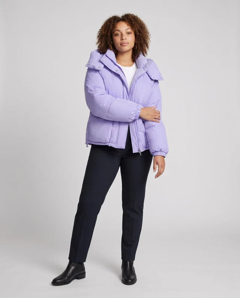 Damen kurze gepolsterte Kapuzenpufferjacke mit übergroßer Kapuze, Klappentaschen und verstellbarem Saum