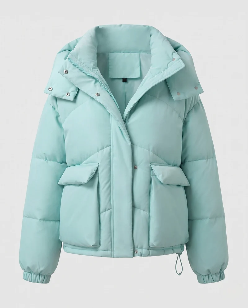 Damen kurze gepolsterte Kapuzenpufferjacke mit übergroßer Kapuze, Klappentaschen und verstellbarem Saum