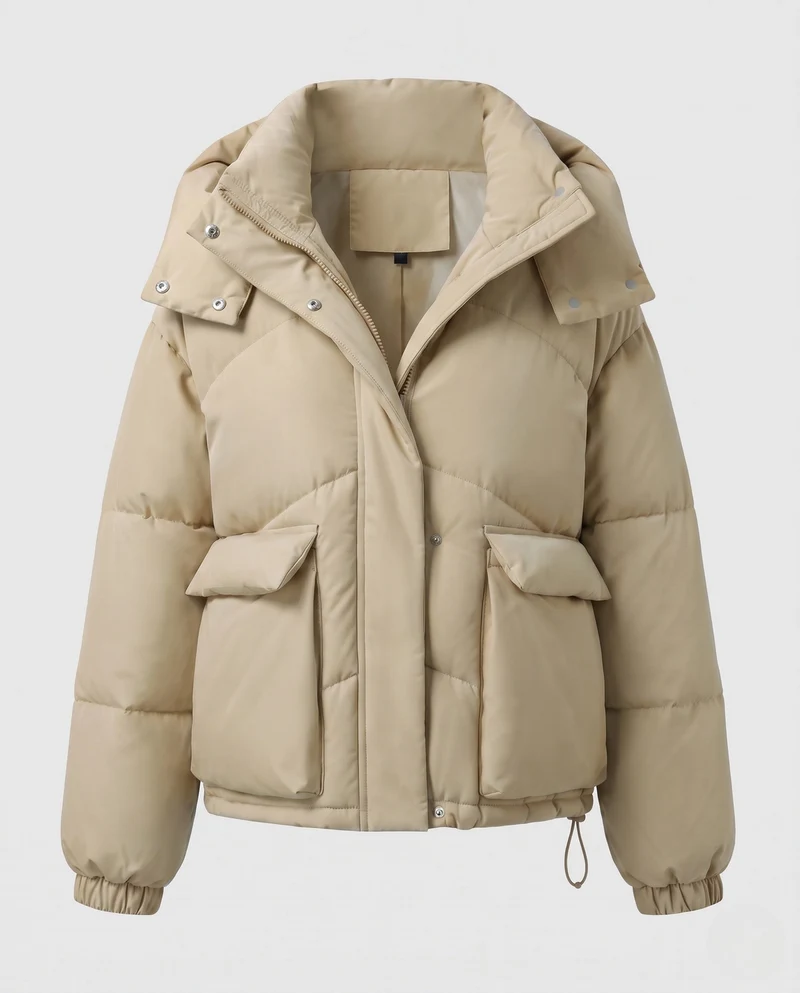 Damen kurze gepolsterte Kapuzenpufferjacke mit übergroßer Kapuze, Klappentaschen und verstellbarem Saum