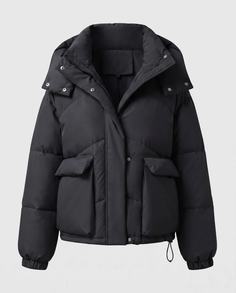 Damen kurze gepolsterte Kapuzenpufferjacke mit übergroßer Kapuze, Klappentaschen und verstellbarem Saum