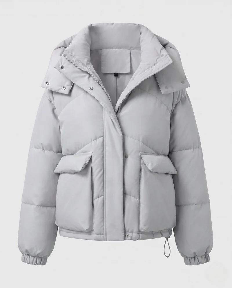 Damen kurze gepolsterte Kapuzenpufferjacke mit übergroßer Kapuze, Klappentaschen und verstellbarem Saum