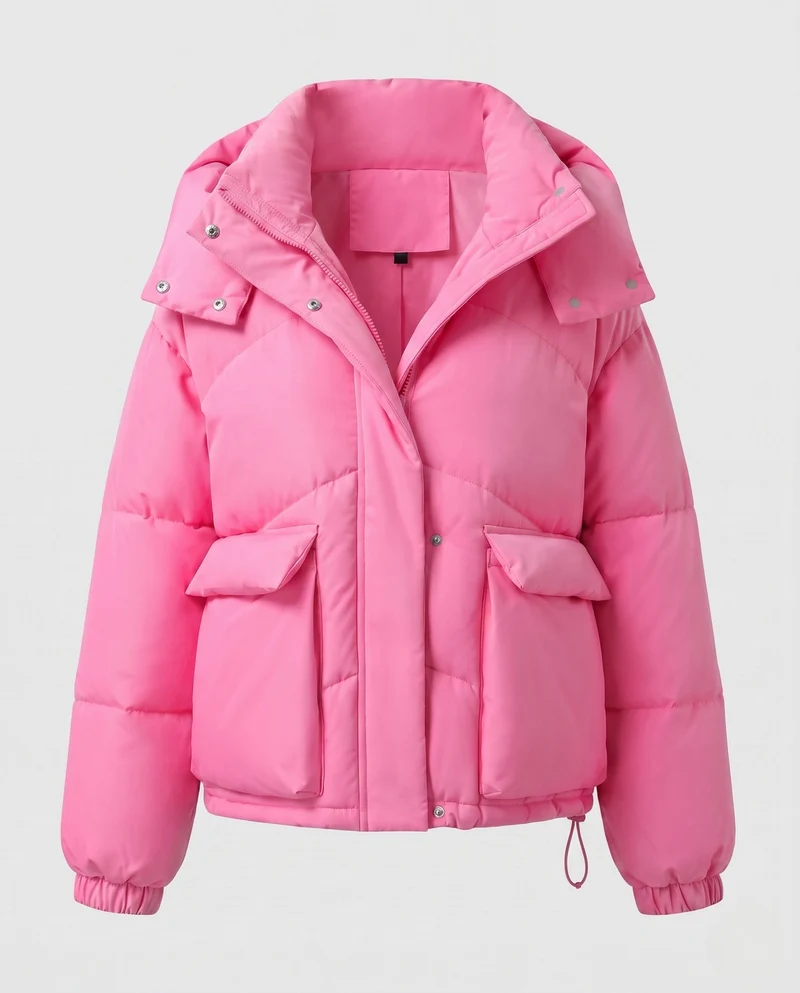 Damen kurze gepolsterte Kapuzenpufferjacke mit übergroßer Kapuze, Klappentaschen und verstellbarem Saum