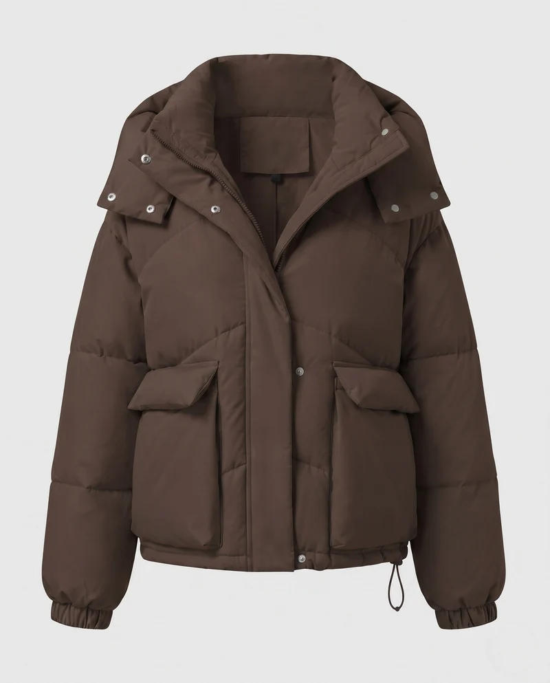 Damen kurze gepolsterte Kapuzenpufferjacke mit übergroßer Kapuze, Klappentaschen und verstellbarem Saum