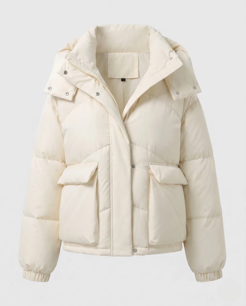 Damen kurze gepolsterte Kapuzenpufferjacke mit übergroßer Kapuze, Klappentaschen und verstellbarem Saum