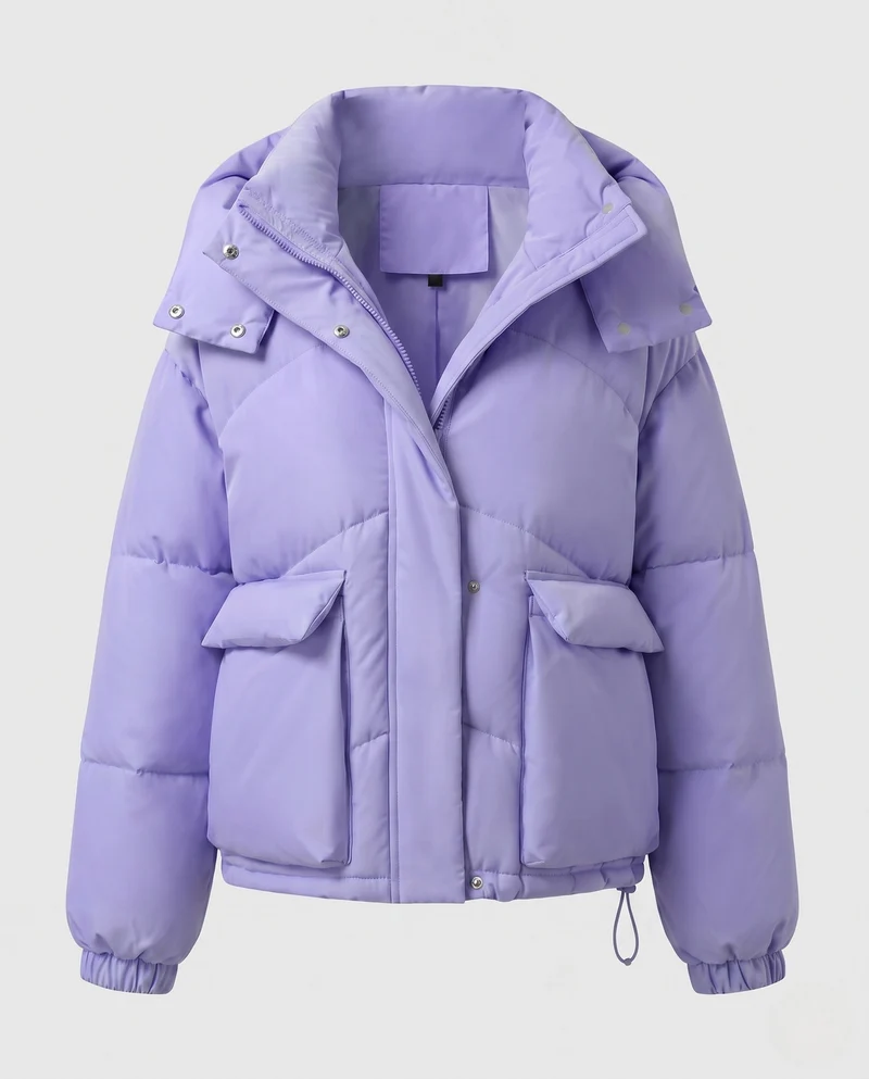 Damen kurze gepolsterte Kapuzenpufferjacke mit übergroßer Kapuze, Klappentaschen und verstellbarem Saum