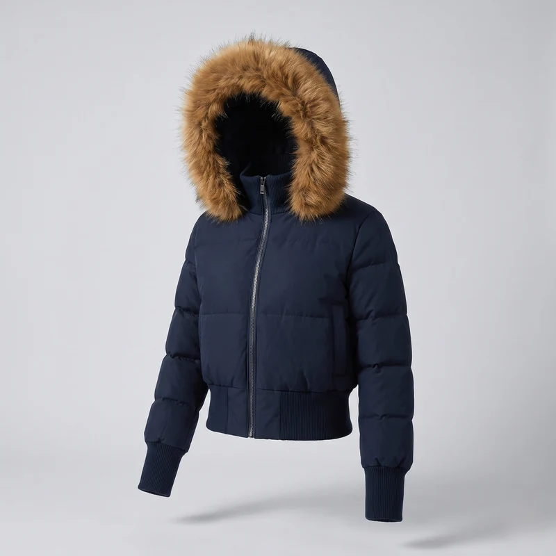 Damen Nano Short gepolsterte Kapuzen-Pufferjacke mit voluminösem Kunstfellbesatz, gerippten Bündchen und wärmender Thermofüllung