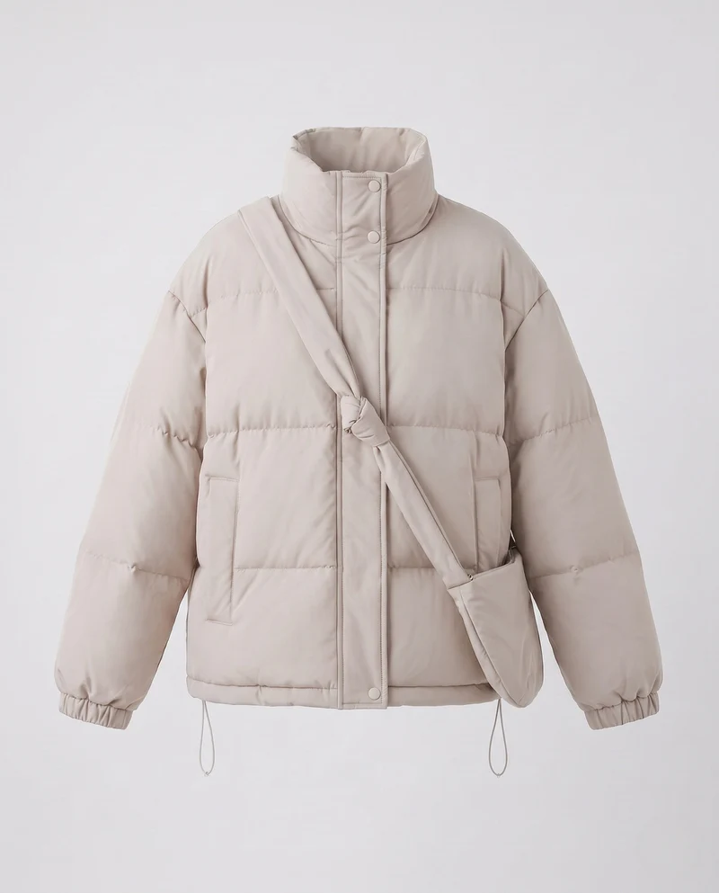 Damen Oversized gepolsterte Pufferjacke mit hohem Stehkragen und integrierter Schultertasche