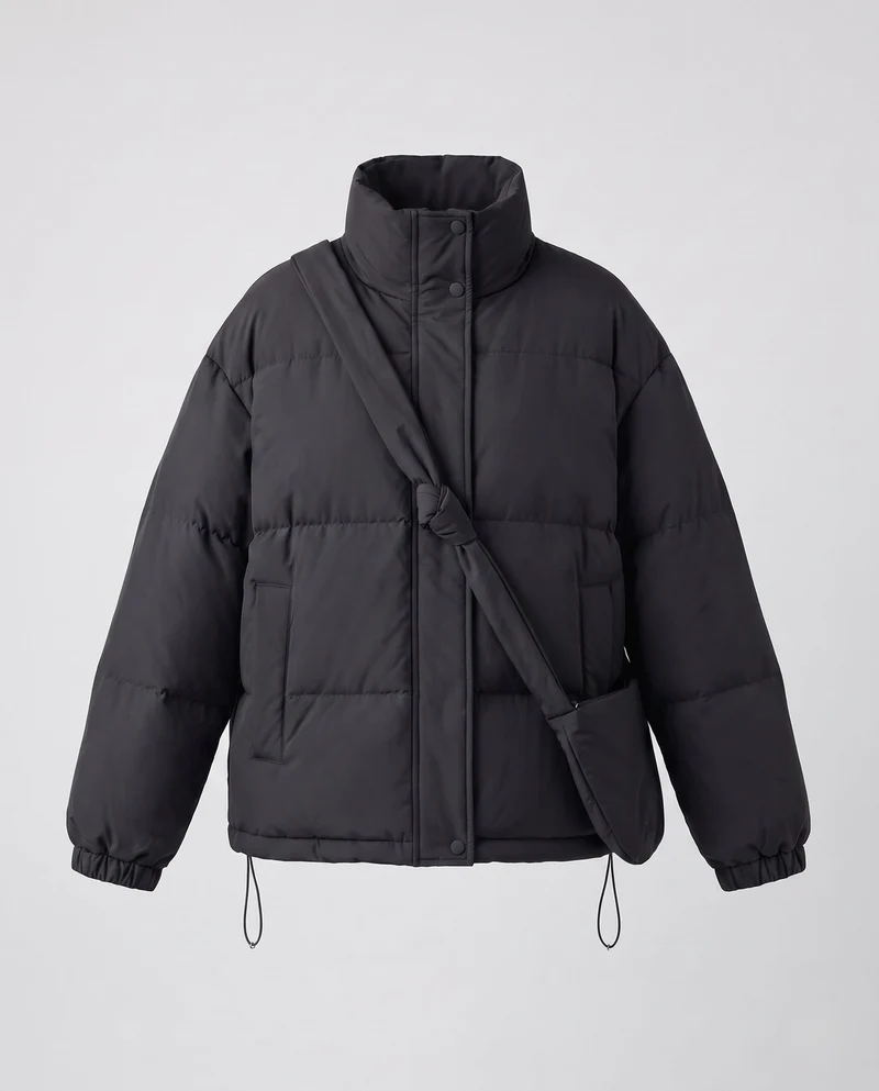 Damen Oversized gepolsterte Pufferjacke mit hohem Stehkragen und integrierter Schultertasche
