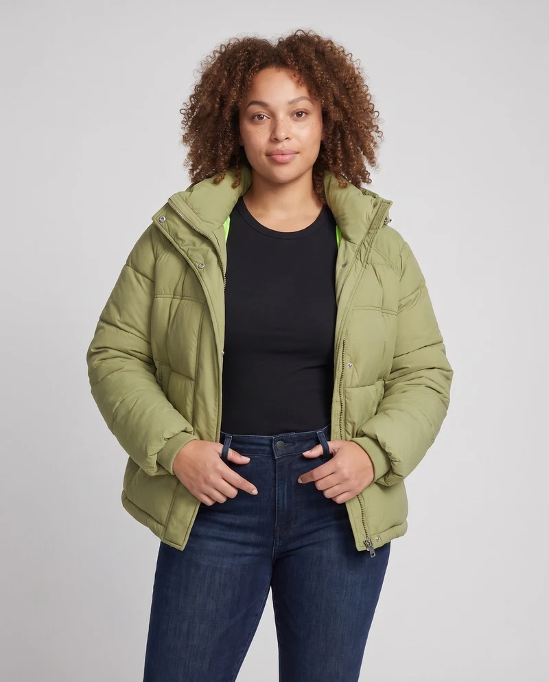 Damen gepolsterte oversized gesteppte Jacke mit hohem Stehkragen und verstellbarem Kordelzug