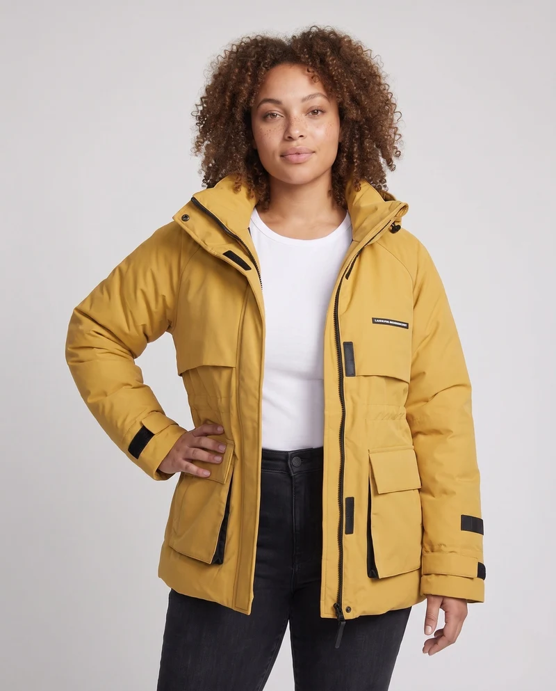 Damen kurze gepolsterte Parka mit großer Kapuze, multifunktionalen Klappen Taschen und hohem Kragen