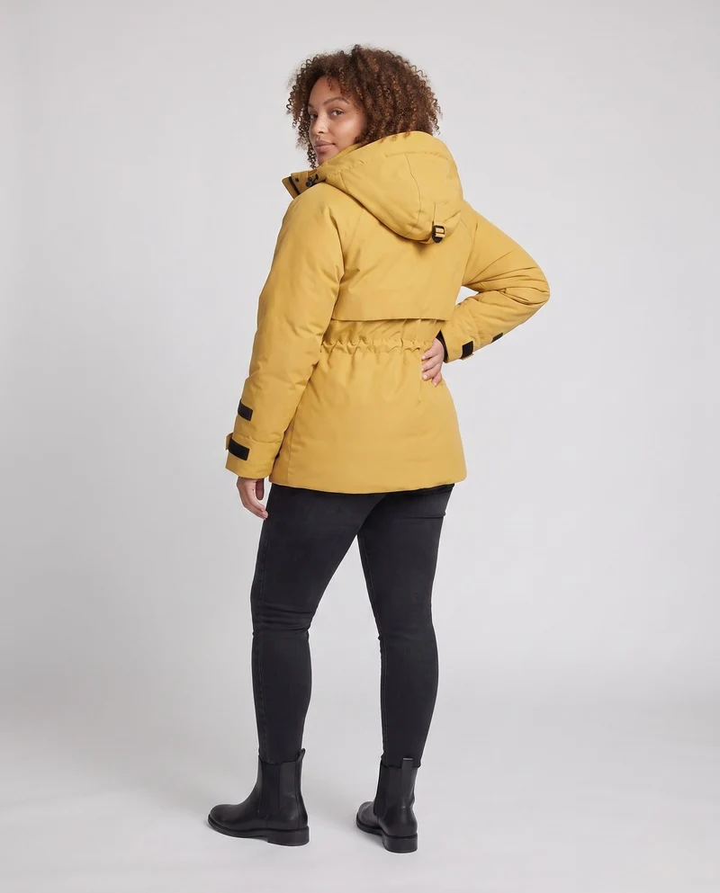 Damen kurze gepolsterte Parka mit großer Kapuze, multifunktionalen Klappen Taschen und hohem Kragen