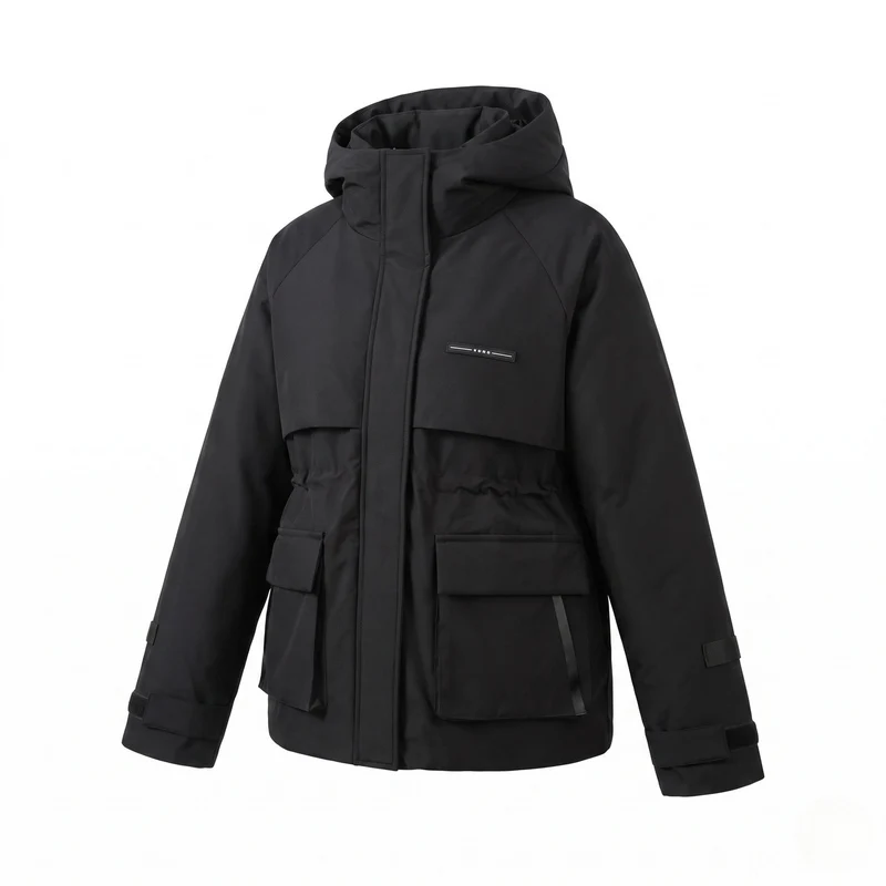 Damen kurze gepolsterte Parka mit großer Kapuze, multifunktionalen Klappen Taschen und hohem Kragen