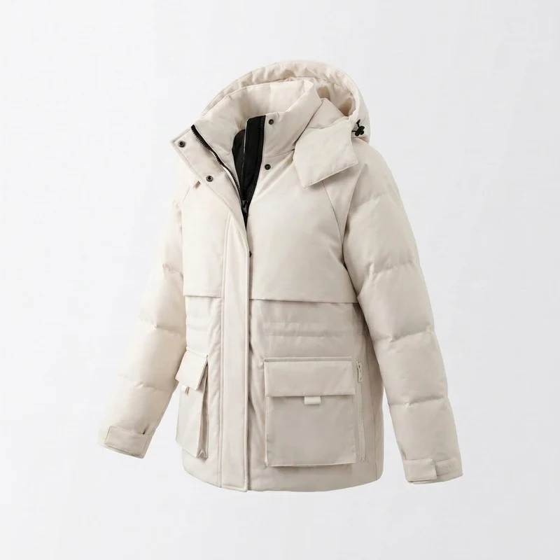 Damen kurze gepolsterte Parka mit großer Kapuze, multifunktionalen Klappen Taschen und hohem Kragen