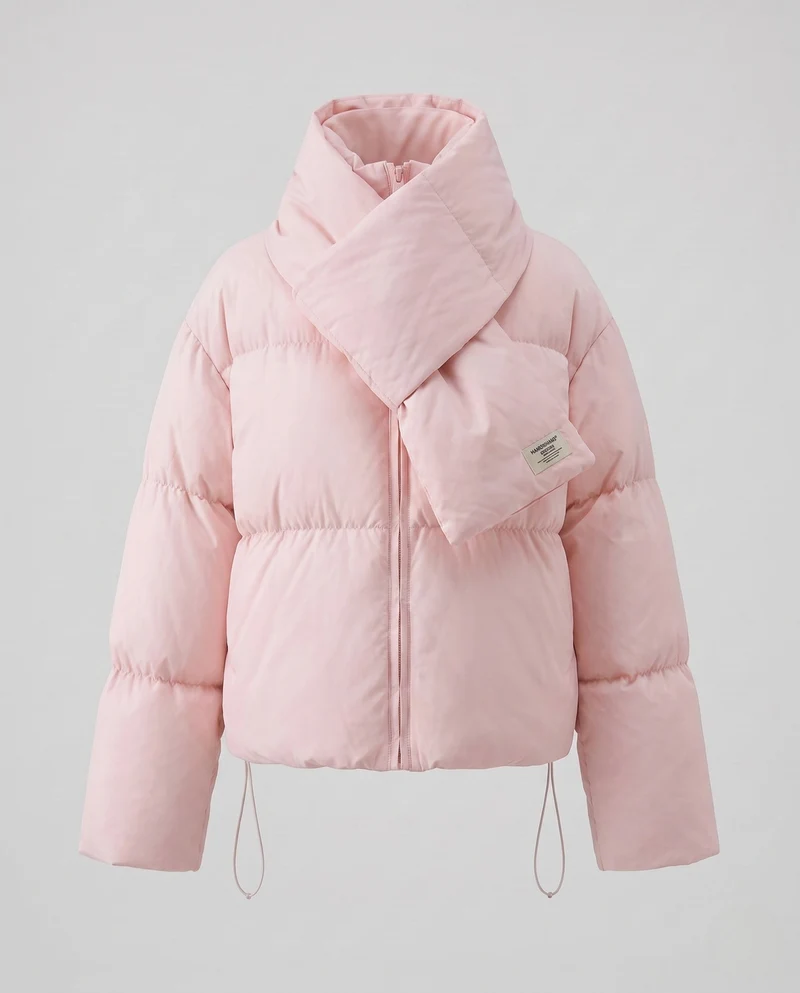 Damen kurz gepolsterte Pufferjacke mit integriertem Schalkragen und voluminösen Ärmeln