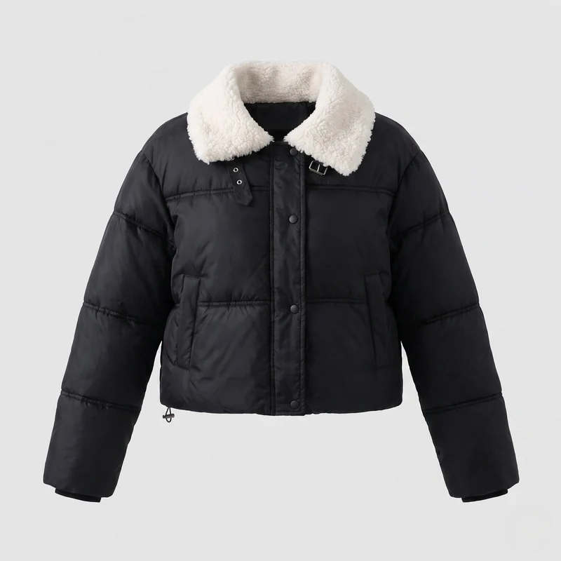 Damen kurze gepolsterte Pufferjacke mit Teddy-Kragen, verdeckter Druckknopfblende und Isolierung für Reisen